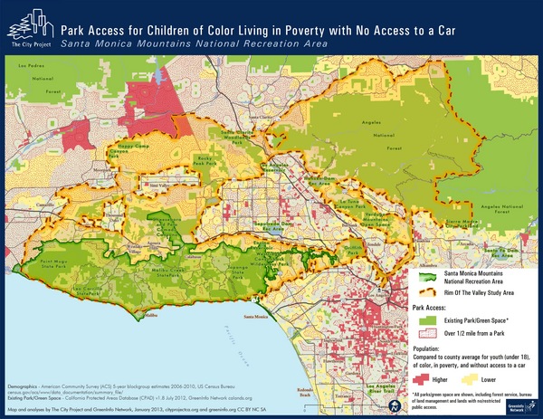 Access to green space for people without cars near the Santa Monica Mountains National Recreation Area