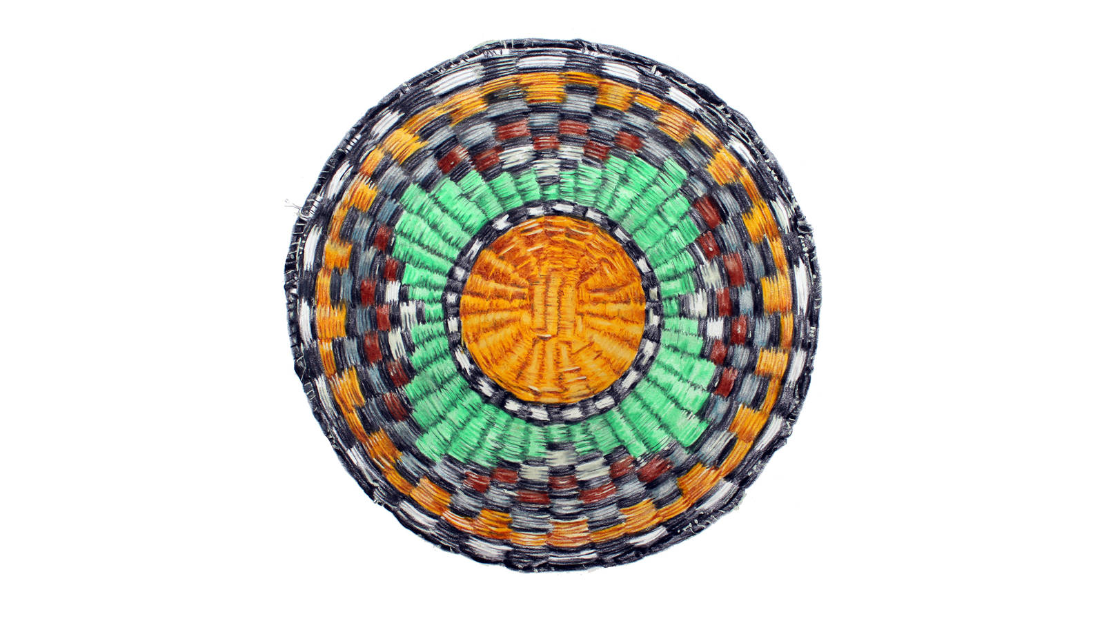 <h3 style="text-align: center; padding: 50px;"><span class="text-Intro-style">A woven tray at Hubbell Trading Post. Known as Hopi plaques, these trays are made by Hopi women from Munqapi and the Third Mesa area. Colored pencil on paper, 2019. </span></h3>