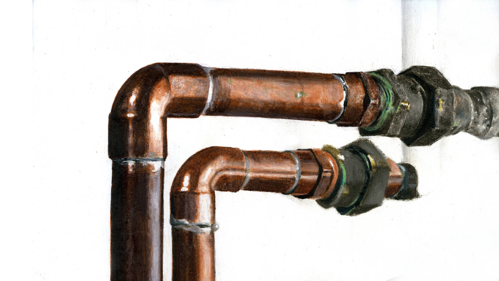 <h3 style="text-align: center; padding: 50px;"><span class="text-Intro-style">Copper pipes located in the caretaker's house at Weir Farm National Historic Site. Colored pencil on paper, 2016.</span></h3>