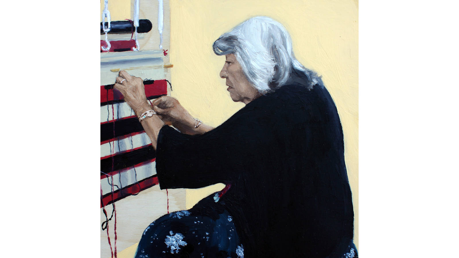 <h3 style="text-align: center; padding: 50px;"><span class="text-Intro-style">Ruby Hubbard, a Navajo weaver, demonstrates her craft at the Hubbell Trading Post National Historic Site. Oil on wood, 2019.</span></h3>