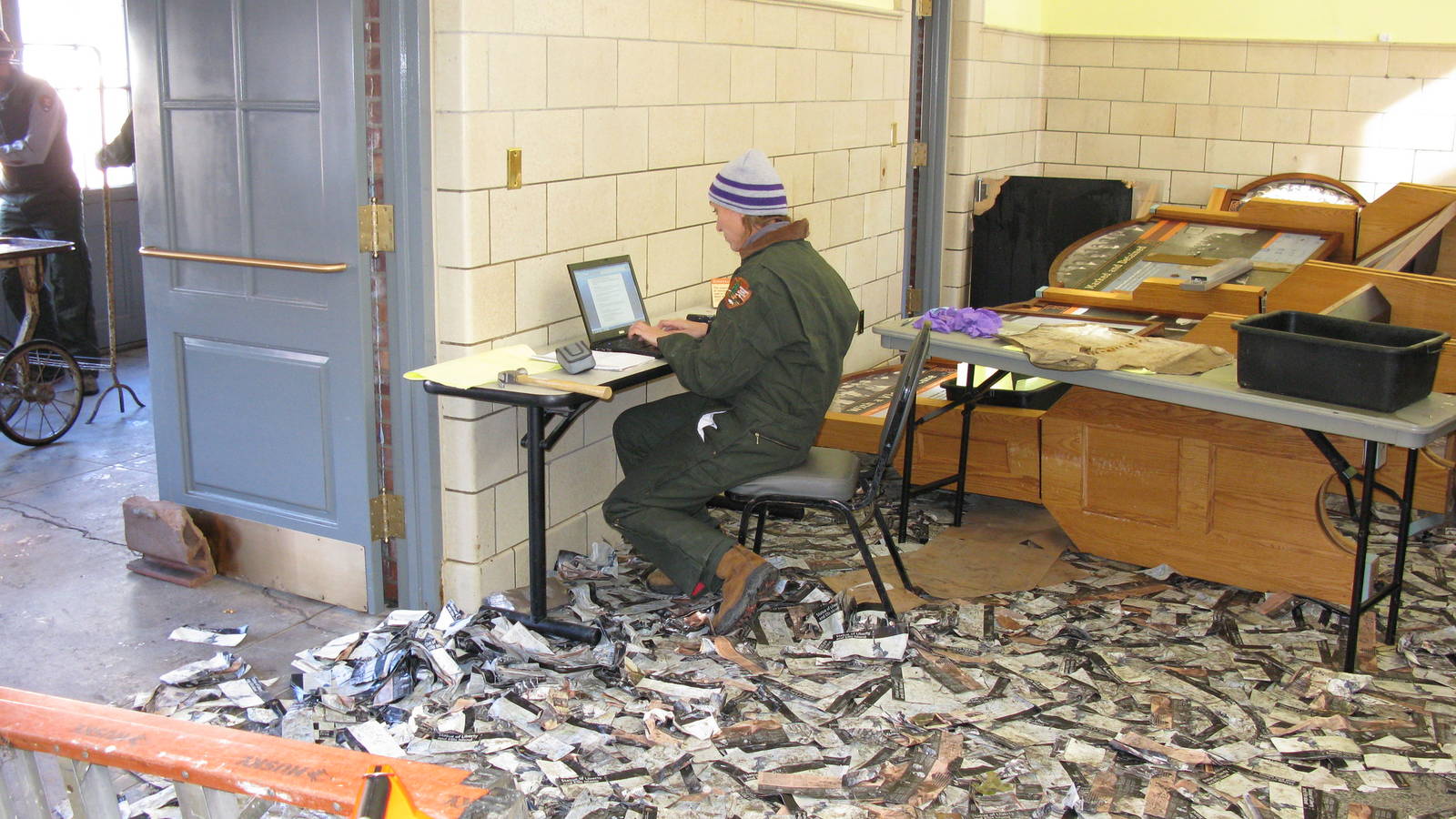 <p>NPS Resource staff documenting damage to the Ferry Building at Ellis Island National Monument following Hurricane Sandy.</p>