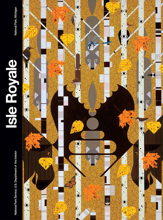 <p>Wolves and moose roam through birch and aspen forests in Harper’s poster of Isle Royale National Park.</p>