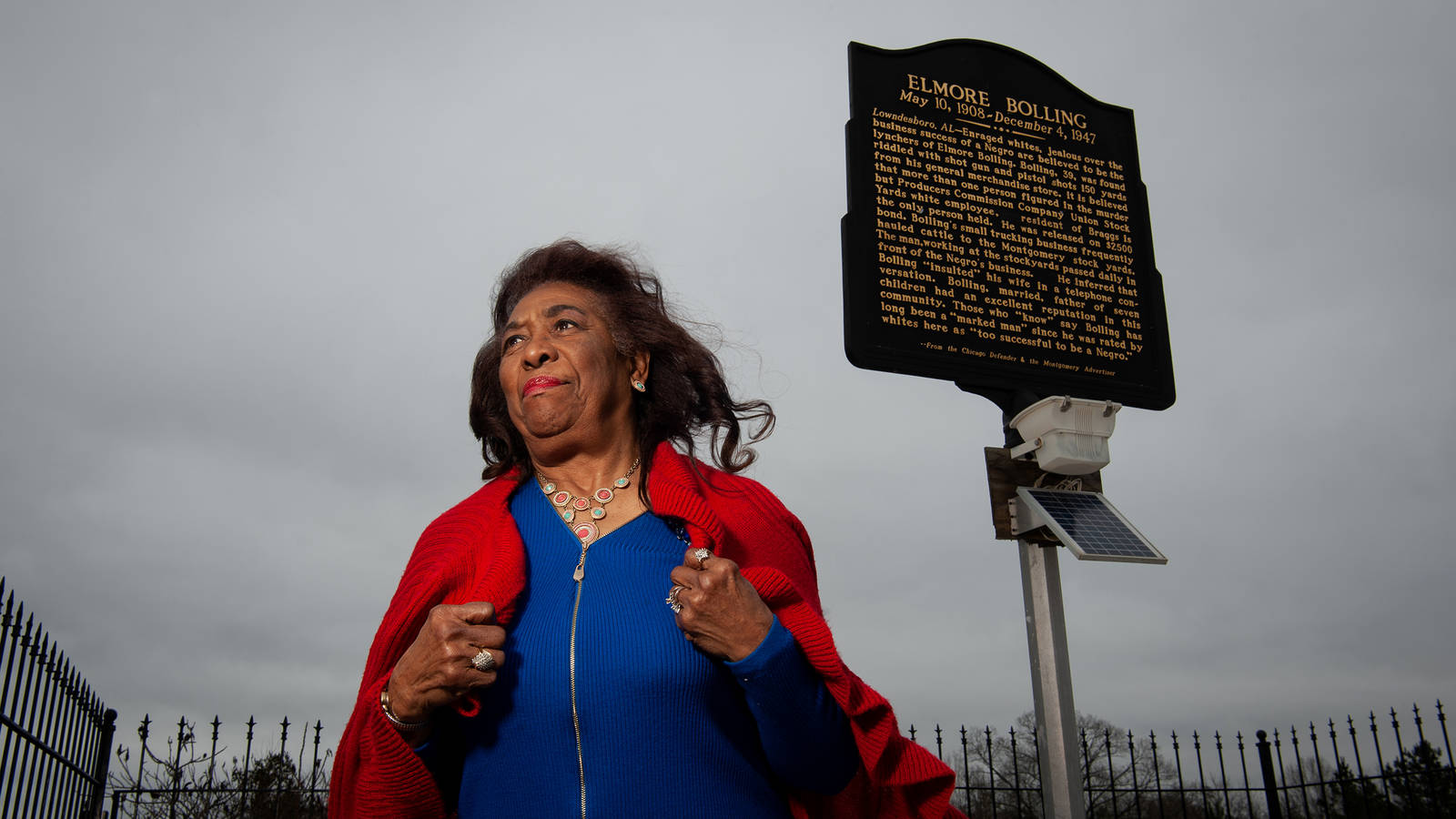 <p>Josephine Bolling McCall’s father, Elmore Bolling, was lynched in Lowndesboro, Alabama, in 1947 for being “too successful” as a Black businessman. Bolling McCall, pictured beside the roadside marker for her father along the Selma to Montgomery National Historic Trail, believes acknowledging the truth of lynching in this country is the only way to ensure history does not repeat itself. </p>
