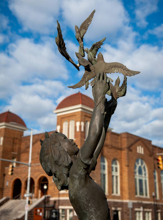 <p>The Four Spirits Memorial in Birmingham’s Kelly Ingram Park preserves the memory of the four young girls killed in the 1963 bombing at the nearby 16th Street Baptist Church: Addie Mae Collins, Denise McNair, Carole Robertson and Cynthia Wesley.</p>