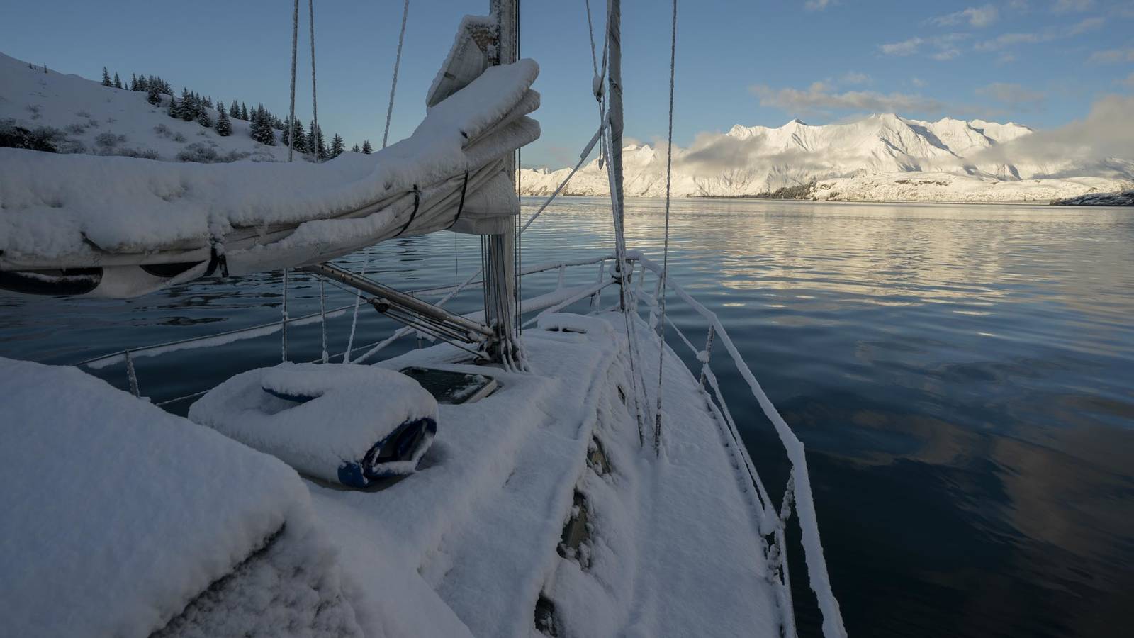 <p>Waking to a fresh dusting of snow on the Madrona. Finding the boat in the same place it had been anchored the night before was a constant relief to the five people on board. Swells from the Gulf of Alaska have been known to surge into the fjords, lifting boat anchors off the ocean floor and causing boats to drift.</p>