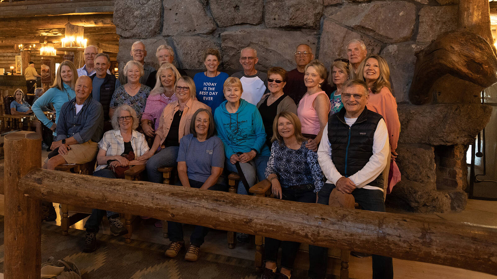 <p>Some of the attendees of the 2022 reunion gathered for a group portrait inside Old Faithful Inn. </p>