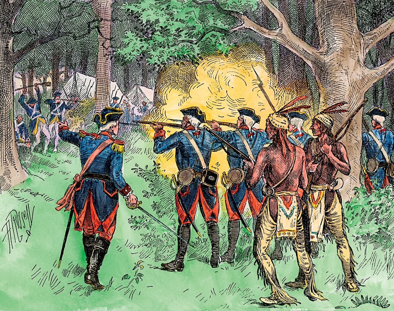 A hand-colored woodcut depicting George Washington’s 1754 attack on a French  encampment near Fort Necessity in Pennsylvania.