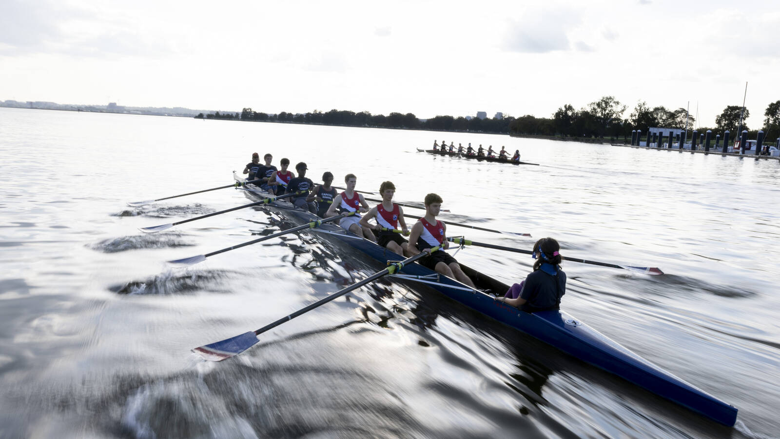 <p>Members of the Capital Juniors Rowing team practice on the Anacostia River.</p>