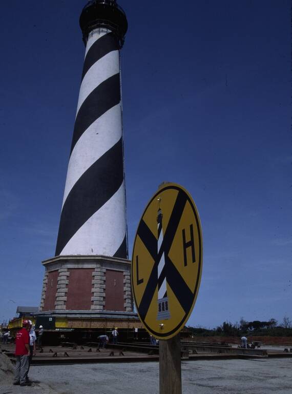 <p>A "lighthouse crossing" sign made by National Park Service employees, which they placed at the park site's entrance road. </p>