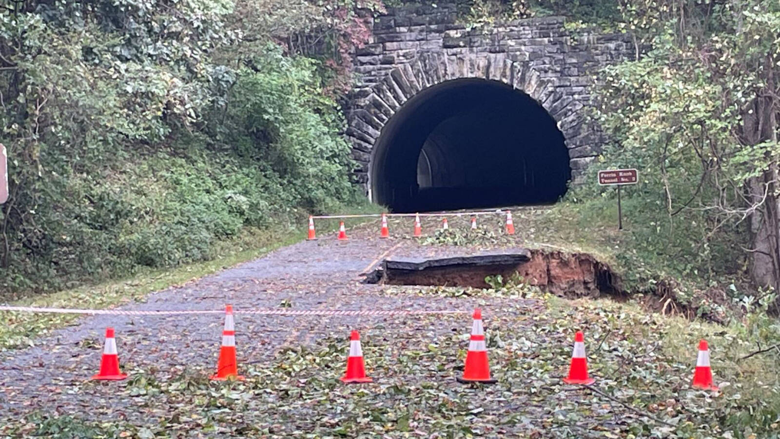 <p>A landslide undercut the Blue Ridge Parkway's roadbed at milepost 401 at the Ferrin Knob Tunnel, causing half the road to collapse.</p>