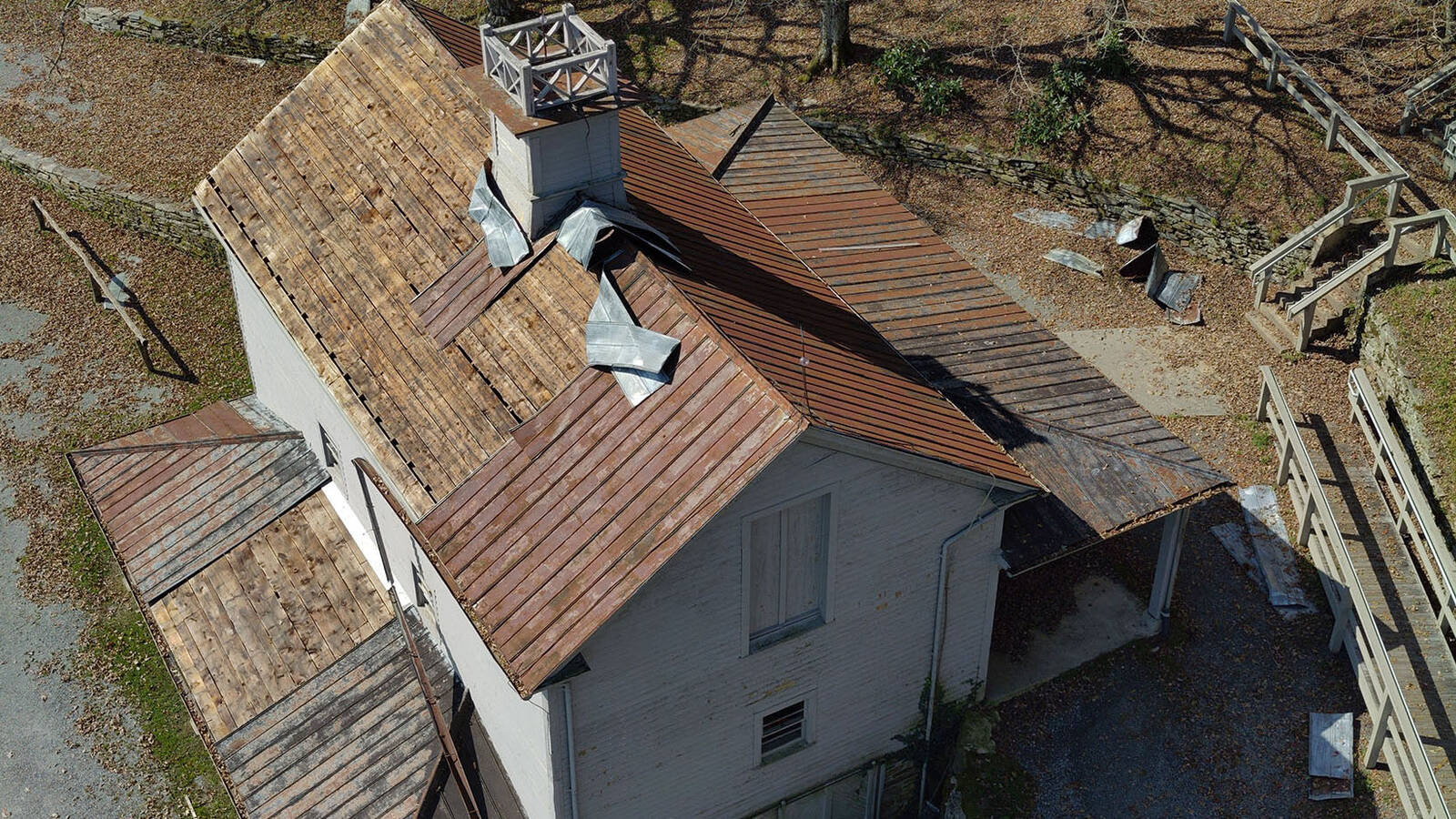 <p>At Blue Ridge Parkway milepost 294, the Historic Carriage House at Moses Cone at Moses H. Cone Memorial Park sustained roof damaged during Hurricane Helene.</p>