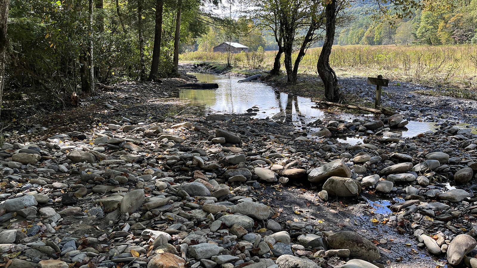 <p>Flooding from Rough Fork Creek washed out Great Smoky Mountains National Park's Upper Cataloochee Valley Road, making it undrivable. </p>