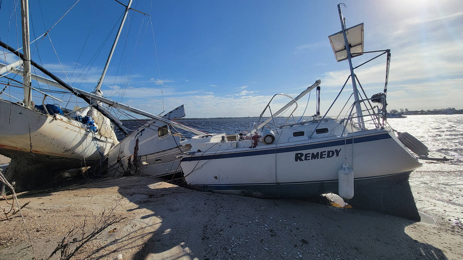 <p>Wrecked boats at De Soto National Memorial after hurricanes Helene and Milton tore through the west coast of Florida.</p>