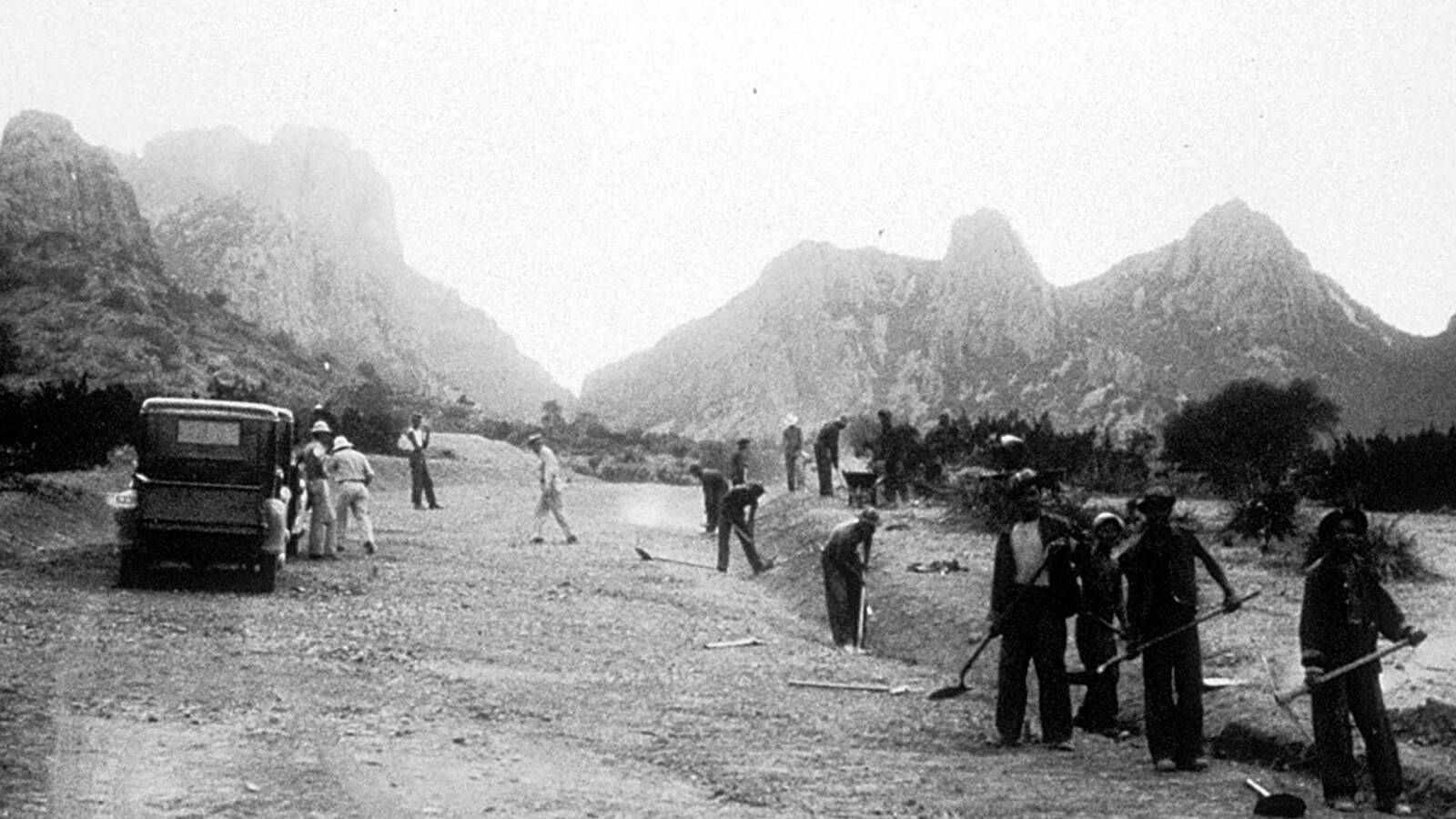 <p>Civilian Conservation Corps workers building Basin Road in the Chisos Mountains of Big Bend National Park in the 1930s. </p>