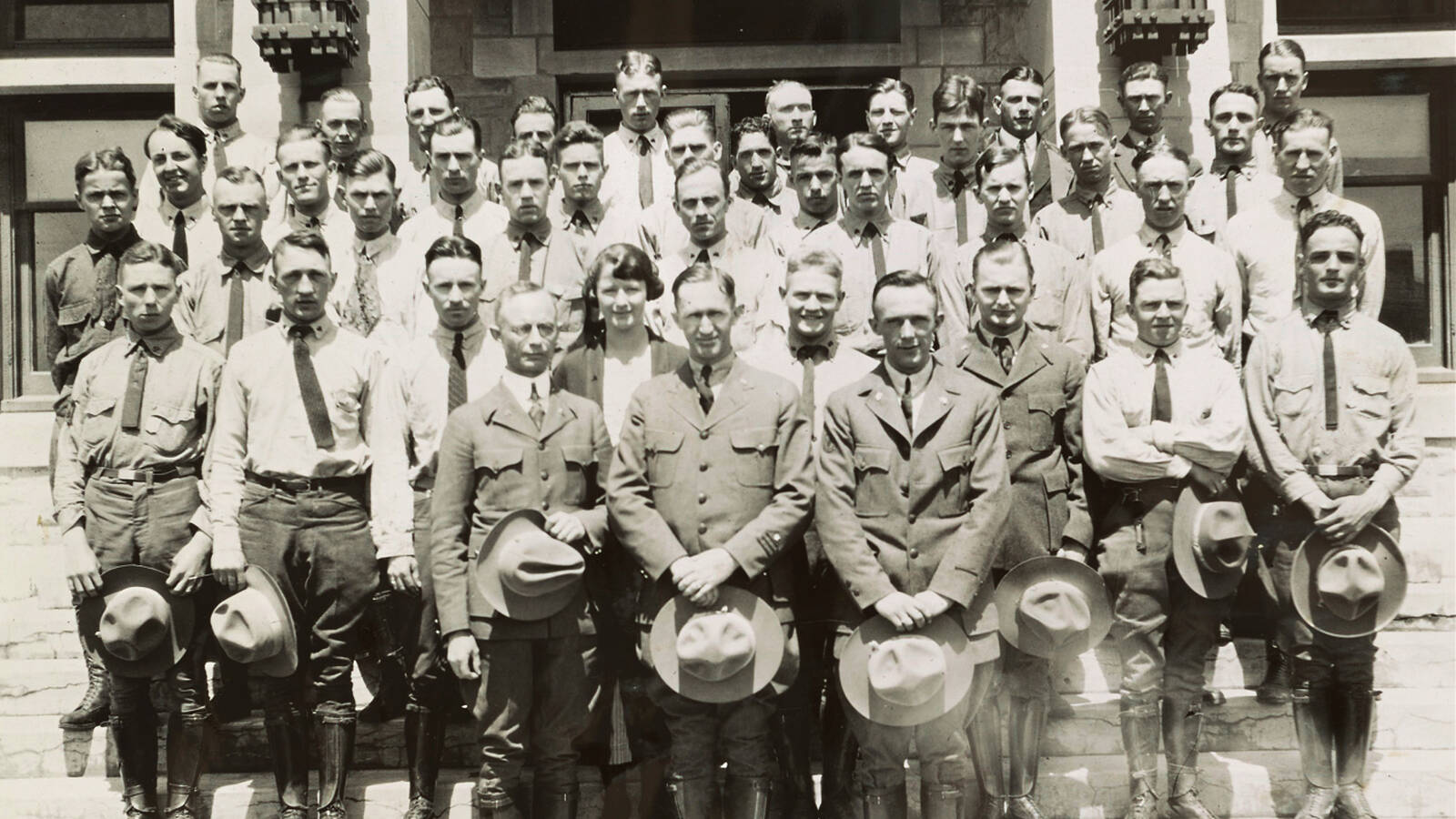 <p>The staff of Yellowstone National Park, circa 1921. Lindsley can be seen in the second row.</p>