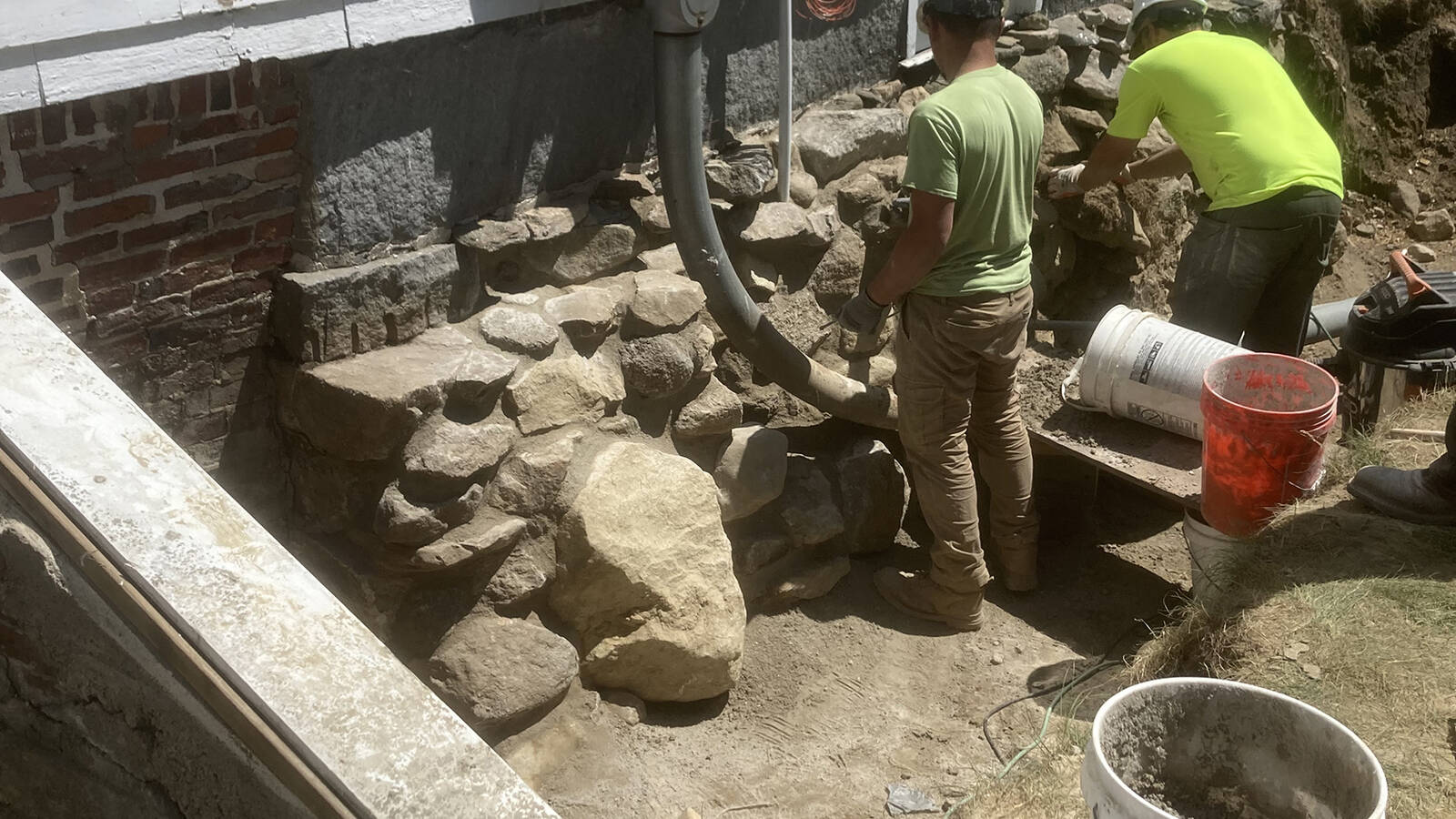 <p>Repairs underway to the foundation of the George Hall House at Minute Man National Historical Park, made possible by Great American Outdoors Act funding. </p>