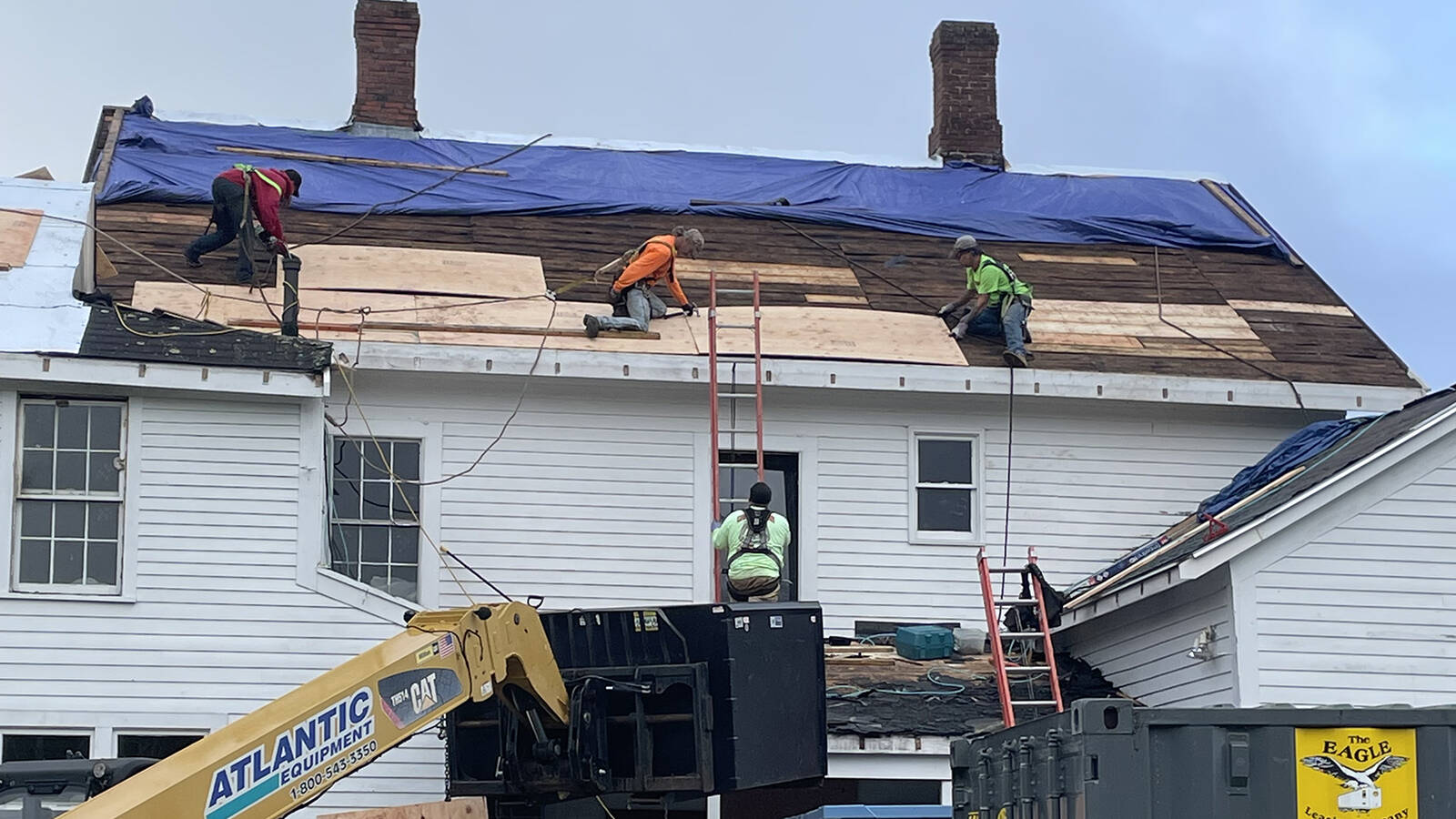 <p>Roof repair underway at the George Hall House at Minute Man National Historical Park, made possible by the Great American Outdoors Act. </p>