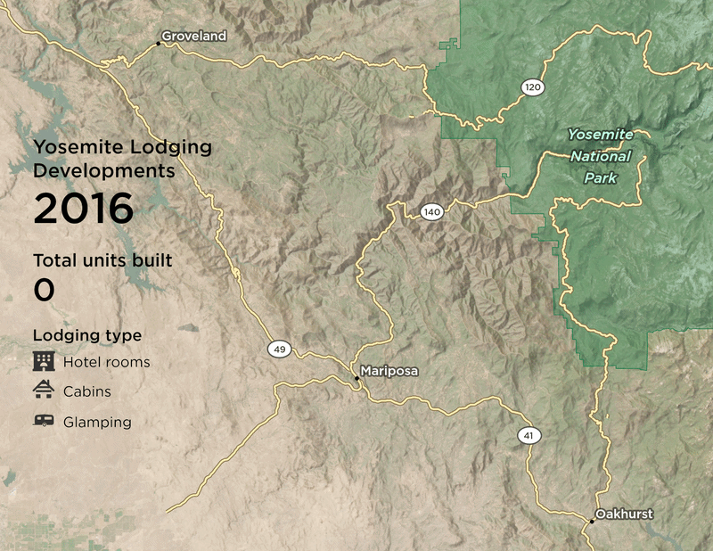 A map showing the exponential growth of new lodging units built around Yosemite National Park, from 143 new units built in 2016 to 875 built in 2026, with 1,561 more proposed.