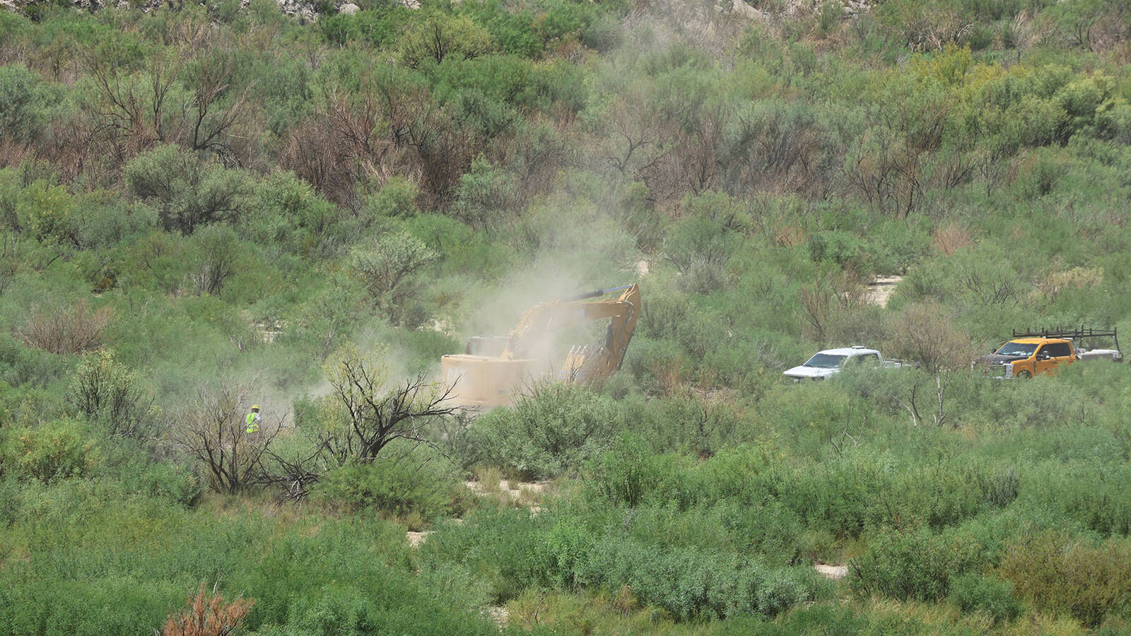 <p>Heavy construction equipment stirs dust in a sensitive landscape of Big Bend National Park, August 2026. </p>