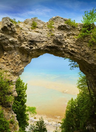 The view of Lake Huron through Arch Rock, one of the best-known features of Mackinac Island. 