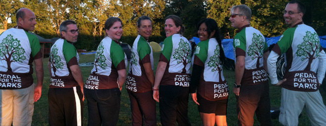 NPCA's 2013 Climate Ride team members model their specially designed "Pedal for the Parks" jerseys. 